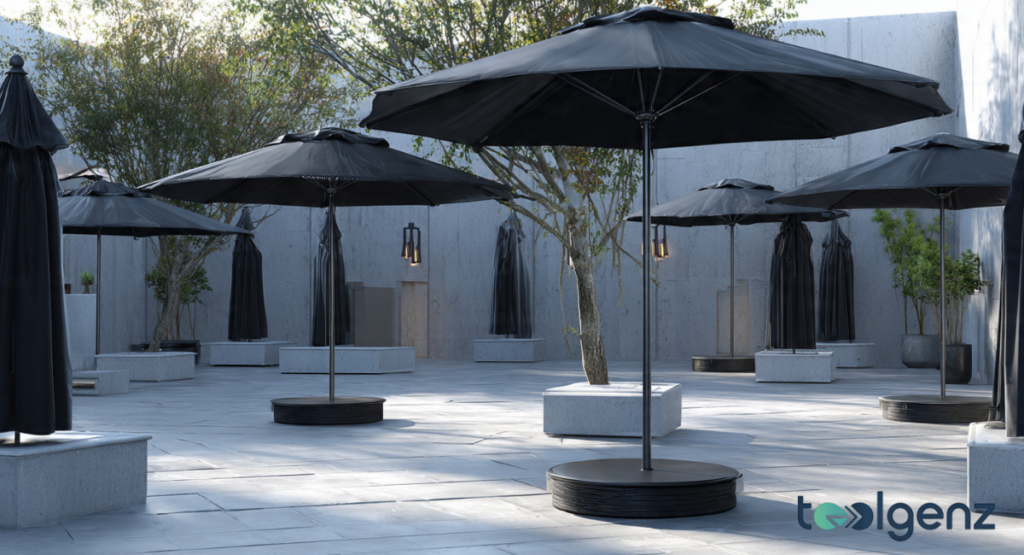 A collection of black outdoor umbrellas featuring heavy-duty circular bases and protective storage covers. The streamlined design highlights the essential hardware needed for stabilizing premium shade structures.