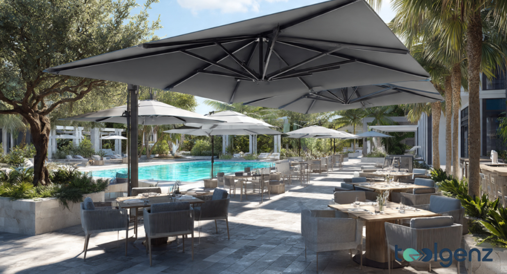 A variety of square and octagonal umbrellas are positioned around a luxury resort pool and dining area. The diverse canopy shapes demonstrate versatile coverage options for complex outdoor layouts.