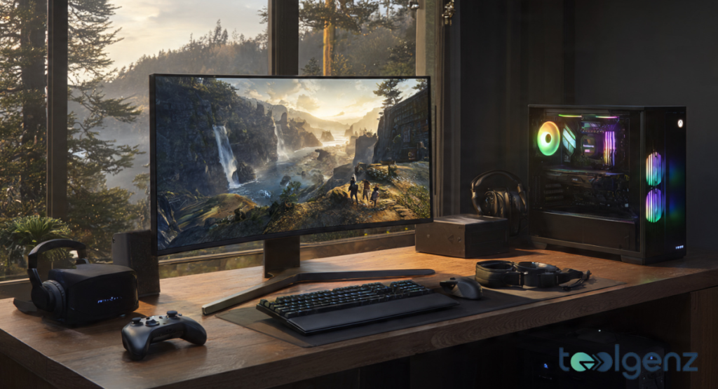 A high-end gaming setup featuring an new tech releases unfurling ultra-wide laptop display and a haptic feedback vest.