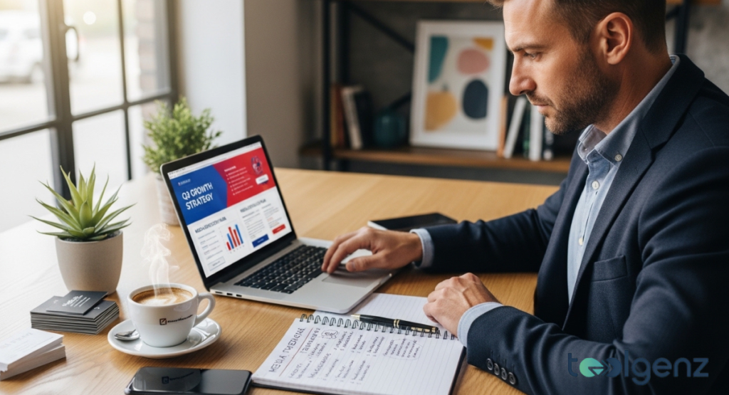 A man in a suit is intently focused on his laptop, displaying a "Growth Strategy" presentation. A cup of coffee and a notebook with handwritten notes are on the desk beside him.
