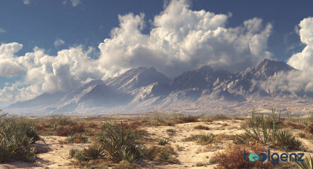 A stark desert landscape featuring native yuccas and shrubs in the foreground with massive, cloud-shrouded peaks rising in the distance.