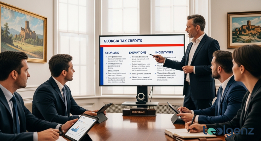 A financial expert points to a large screen displaying "GEORGIA TAX CREDITS" and lists of exemptions and incentives, explaining options to a group of executives. The presentation focuses on Georgia tax breaks and special considerations for businesses or individuals.