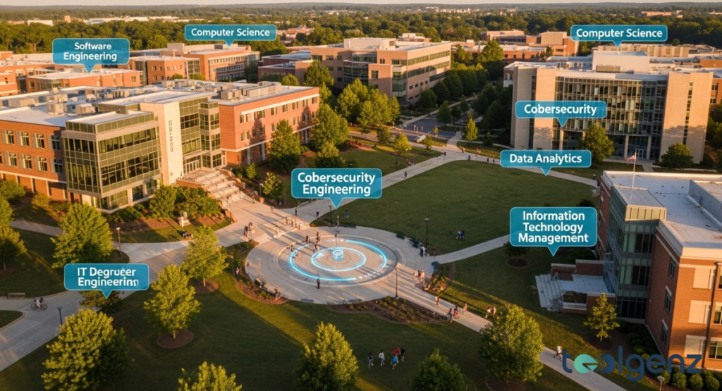 A map of Georgia pinpointing the physical locations of major University System of Georgia (USG) campuses offering IT degrees.