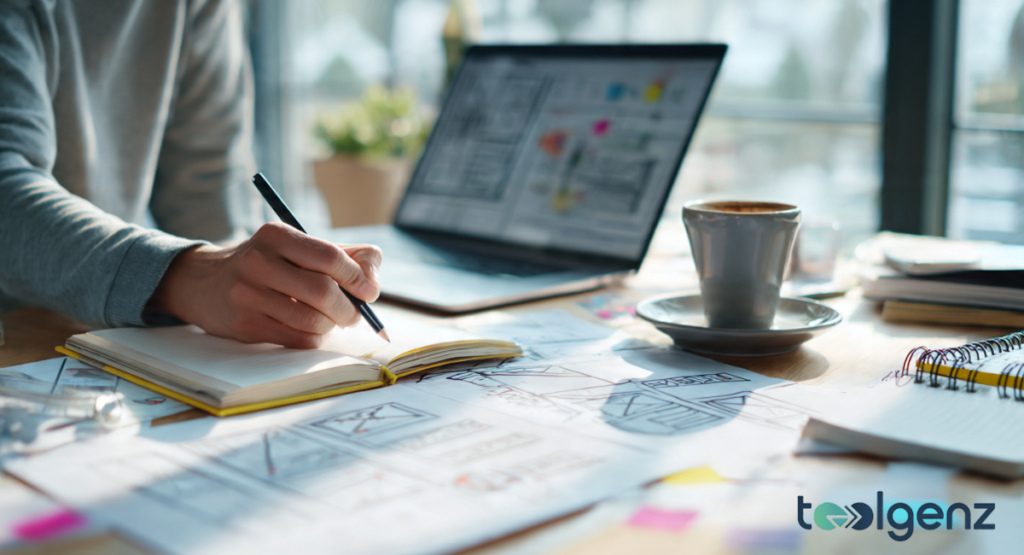 A designer sketches wireframes in a physical notebook while a laptop in the background displays digital web layouts.
