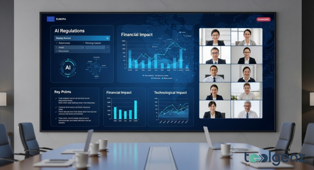 A large digital display in a corporate boardroom shows a video call with global participants alongside financial impact charts. The dashboard summarizes key points of AI regulations and technological trends.