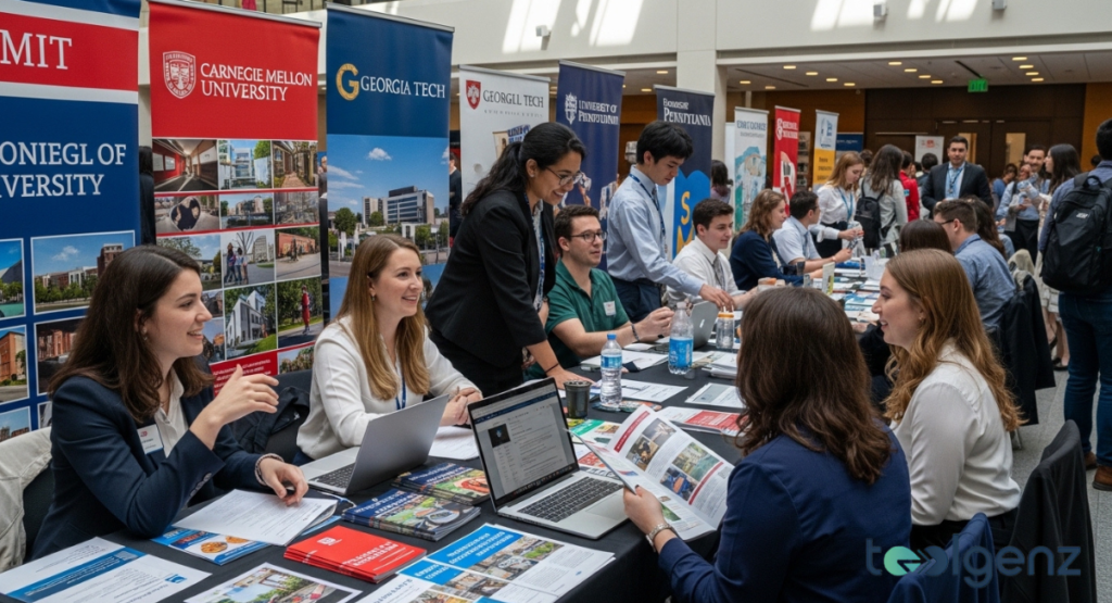 Students and university representatives at a college fair, discussing academic programs and opportunities at various engineering schools. Banners for Carnegie Mellon University and Georgia Tech are visible.