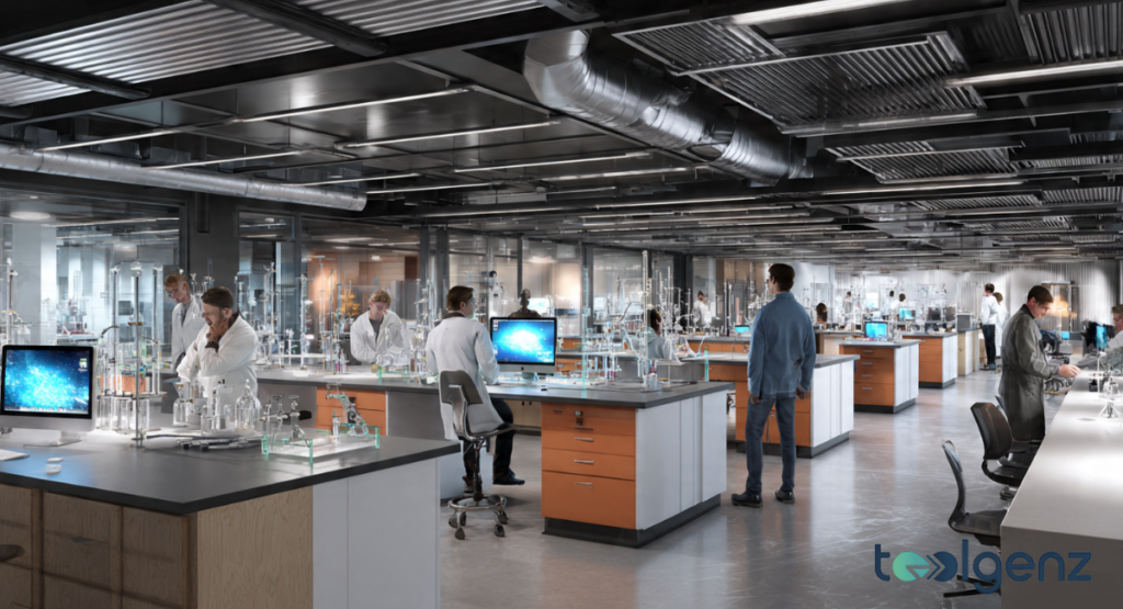 Researchers in white lab coats working in a sophisticated, dark-ceilinged laboratory with advanced equipment.