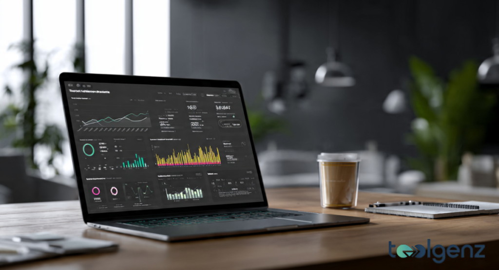A close-up of a laptop screen displaying a complex data dashboard with various financial charts and growth metrics.