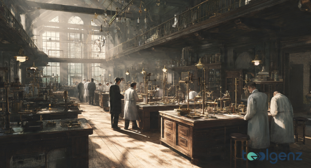 Vintage-style laboratory with wooden benches, classical lighting, and researchers in traditional lab coats.