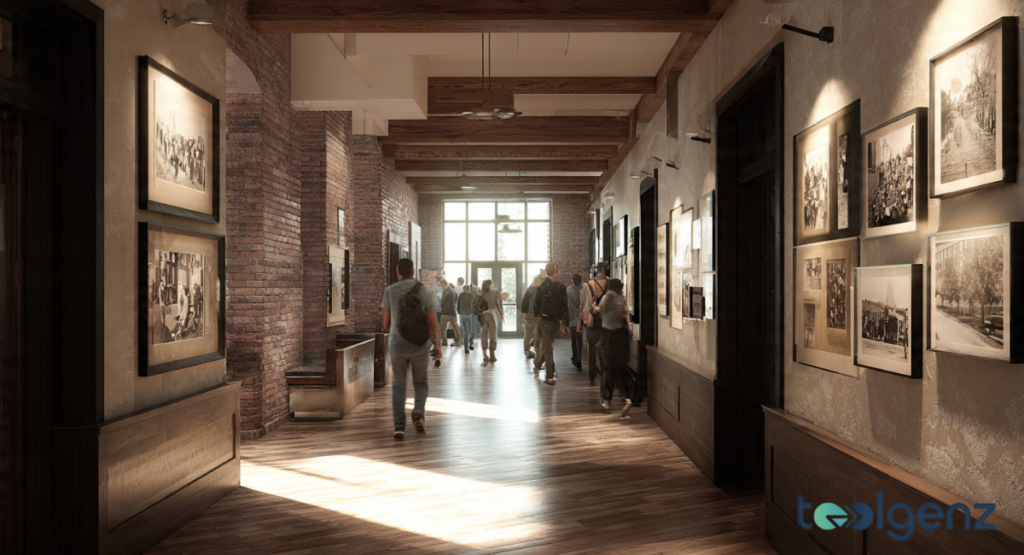 A grand, historic hallway with exposed brick walls, wooden ceiling beams, and polished floors. Framed vintage photographs line the walls, depicting the institution's rich heritage.