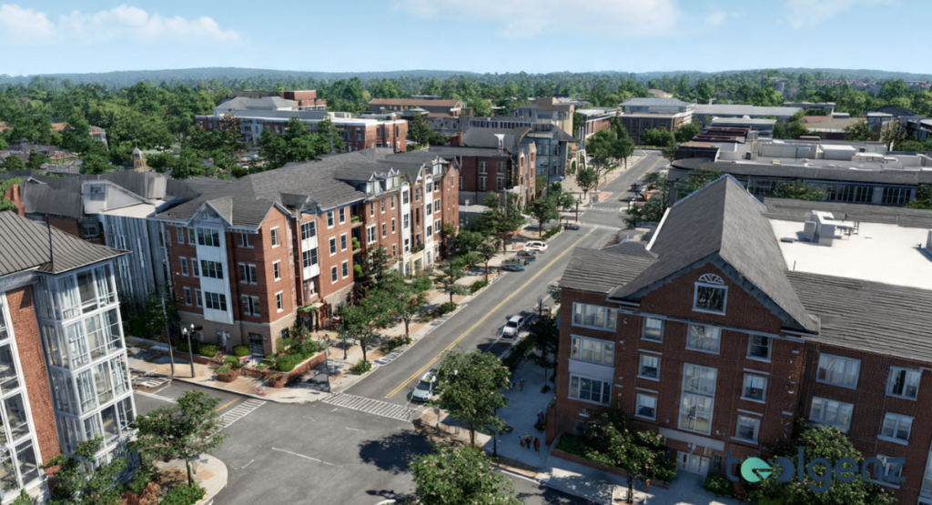 An aerial view of a vibrant residential and commercial district featuring multi-story brick apartment complexes and tree-lined streets near a major university.