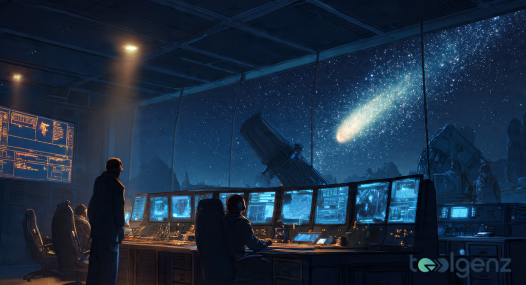 A dark astronomical command center where scientists monitor a massive, glowing comet through a large window. The screens display complex orbital data and telemetry for Comet 3I/ATLAS.