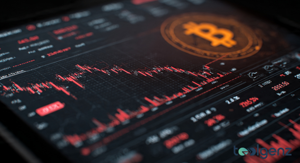 An isometric 3D illustration of the Bitcoin symbol glowing amidst a digital landscape of falling red bar graphs and jagged downward-trending lines.