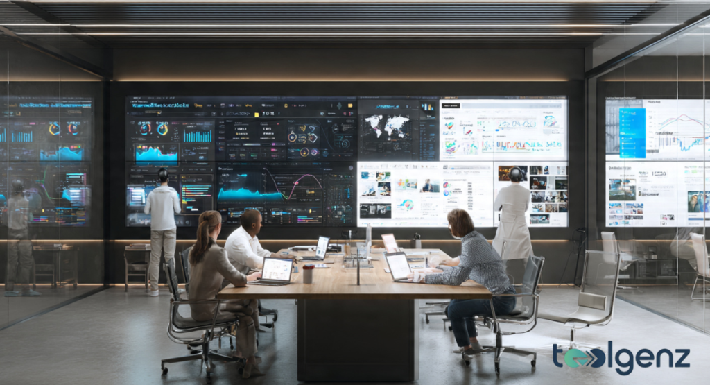 A wide-angle shot of a high-tech command center where a team of analysts works at a central wooden table, surrounded by massive, floor-to-ceiling glass digital displays showing global maps, real-time data charts, and various news feeds.