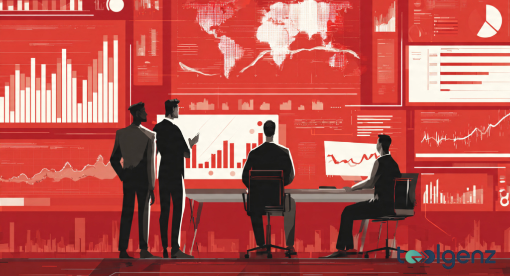 An illustration of four silhouetted analysts sitting at a desk, looking up at a massive red digital wall covered in global maps, line graphs, and financial bar charts.