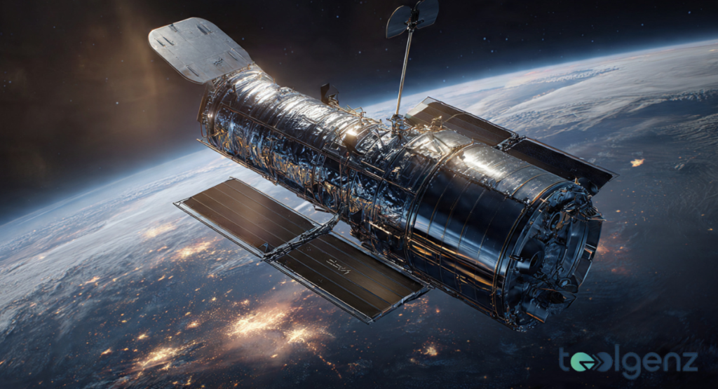 The Hubble Space Telescope floats in the vacuum of space, its metallic silver body reflecting the sunlight and the Earth below. Solar panels are extended to the sides as it orbits high above the glowing city lights of the darkened planet.
