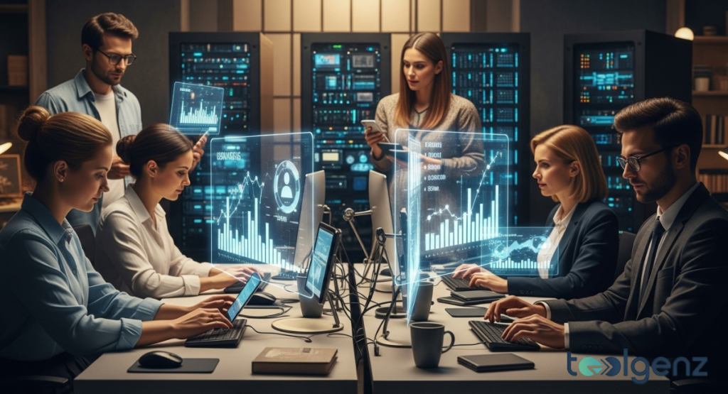 A team of developers works in a data center environment, surrounded by glowing server racks and holographic displays of code, data flow, and digital media interfaces. This setting illustrates how InfoTech professionals shape the digital media landscape through infrastructure and software development.