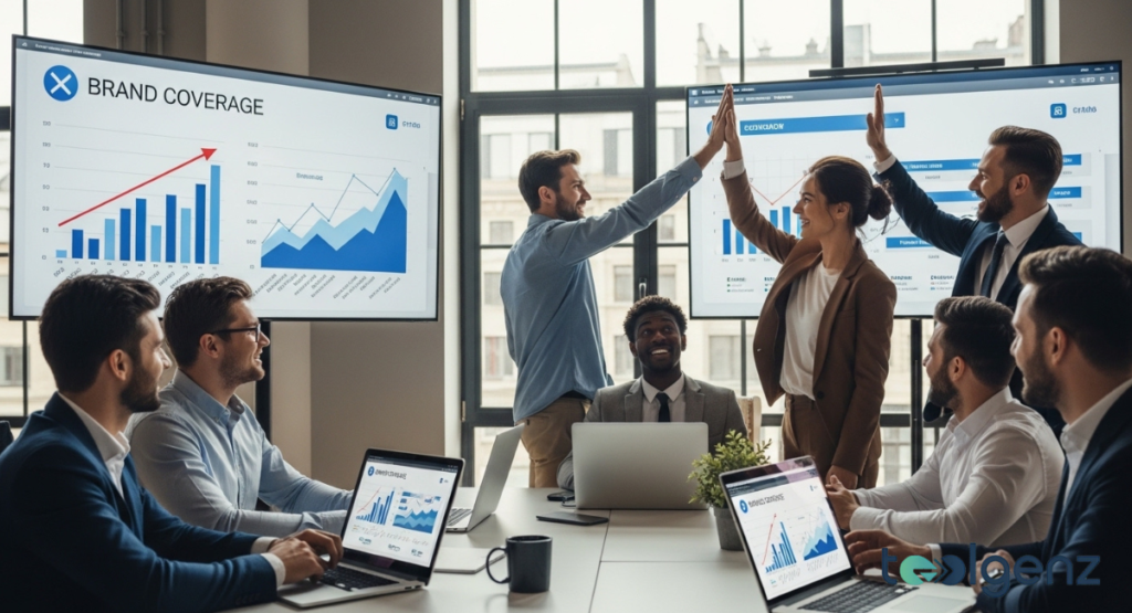 A dynamic team celebrates a successful outcome with high-fives in a corporate meeting room. Screens in the background show "Brand Coverage" charts with positive growth trends.
