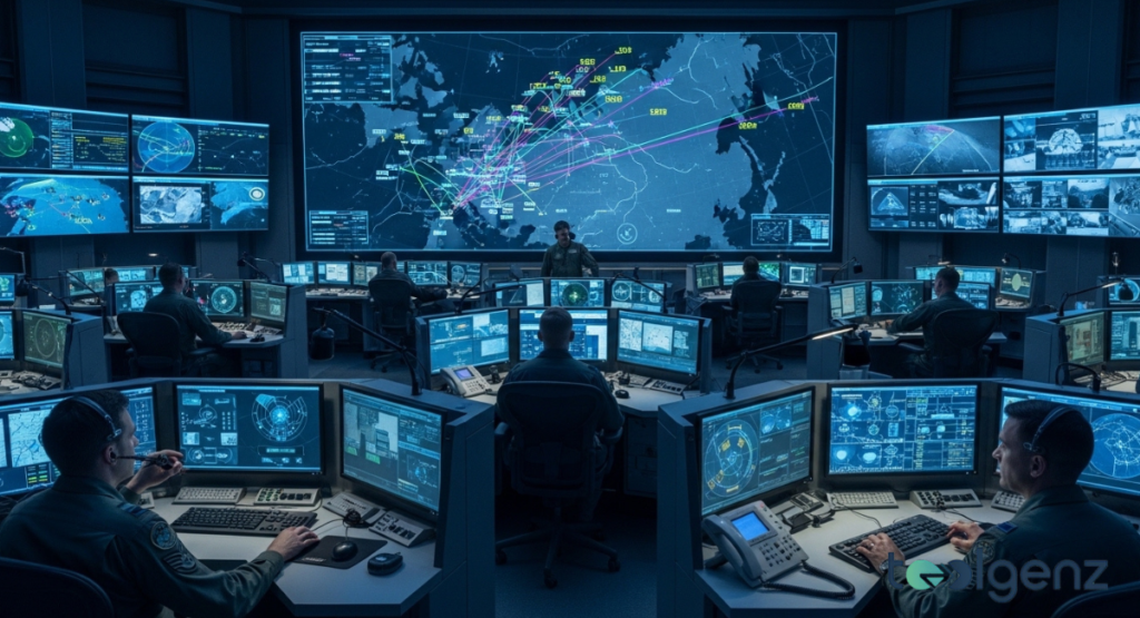 A vast, multi-level command center filled with military personnel working at numerous computer stations. Large screens display comprehensive global air traffic and intelligence maps.