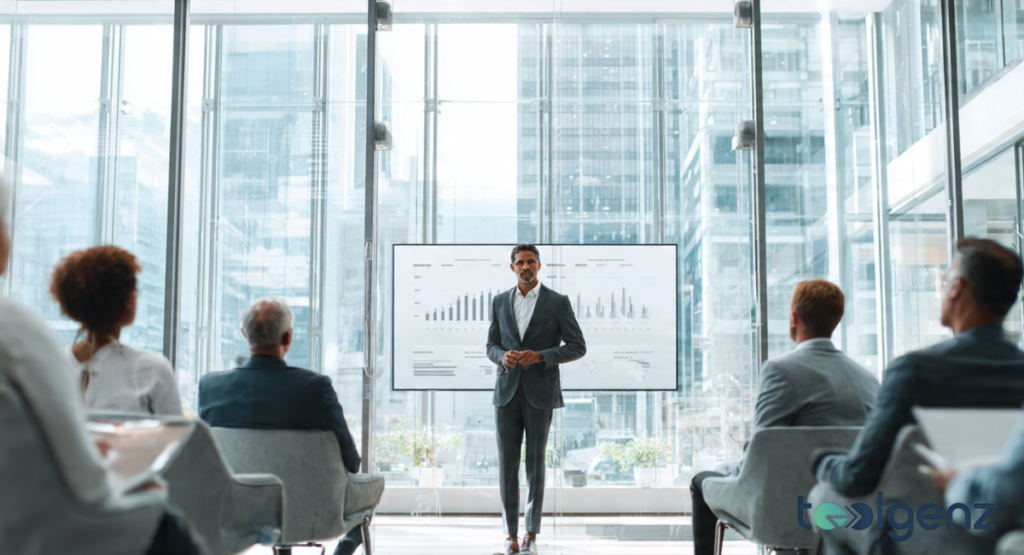 A male executive presenting a data chart to an audience in a bright, glass-walled conference room. The setting conveys authority and business growth.