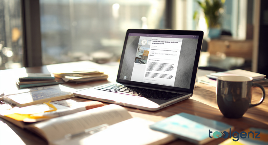 A laptop on a wooden desk showing an application portal for the Teach and Learn with Georgia program. The workspace includes a coffee mug and notebooks, suggesting a focused preparation for the teaching application.