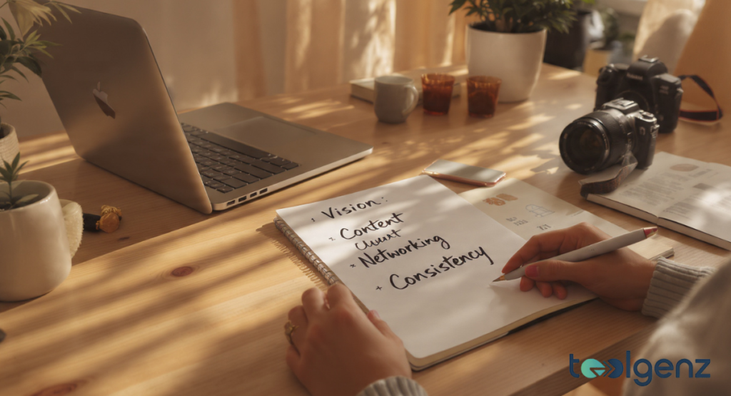 person writing a list in a notebook on a sunlit wooden desk. The list includes Vision, Content, Networking, and Consistency.