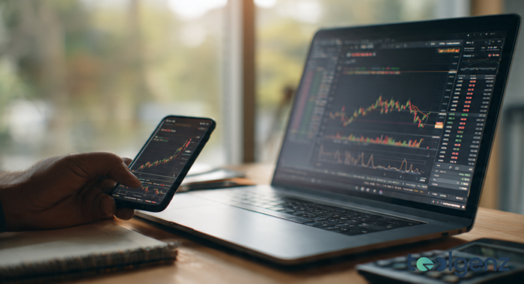 A close-up view of a trader using a smartphone and laptop to research how to buy Integra Resources Corp shares.