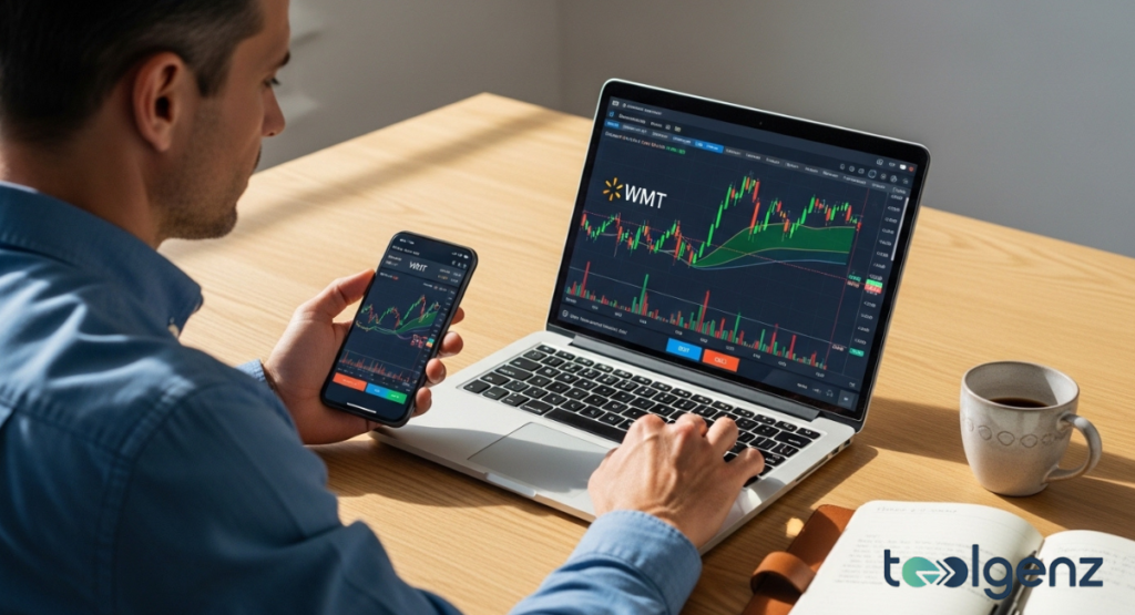 A step-by-step digital guide showing how to purchase Walmart shares through a brokerage app.