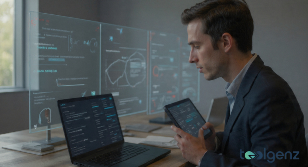 A comparison chart on a screen highlighting different website features like technical depth, update frequency, and community. A user’s hand interacting with a filter menu on a website to sort content by tech category.