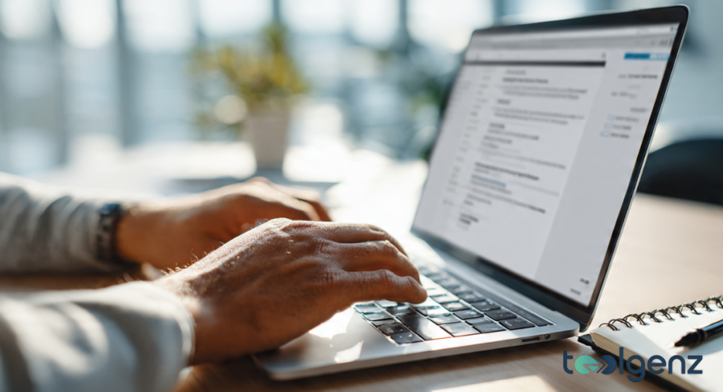 Close-up of hands typing on a laptop to configure The Verge RSS feed settings.
The blurred background shows a professional, well-lit office environment.