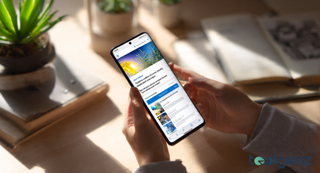 A person holding a smartphone showing the interface of the Mashable App. This guide helps users navigate the initial setup and download process.