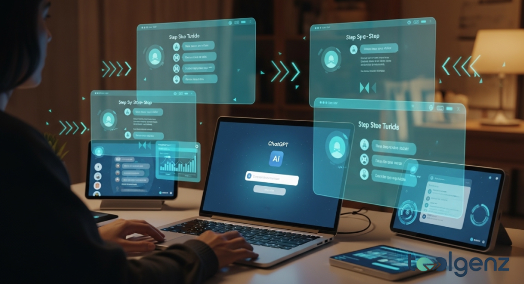 A person types on a laptop displaying the ChatGPT interface, surrounded by floating holographic screens showing "Step-by-step Tutorials" and various AI-generated content examples, suggesting "ChatGPT on The Verge" of widespread adoption. The interactive environment guides users on how to get started with ChatGPT effectively.