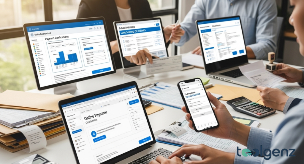 Multiple computer screens and a smartphone display various online tax payment portals and dashboards, showing "Upcoming Deadlines" and payment confirmations. This setup demonstrates the digital methods for how to pay Georgia income tax.