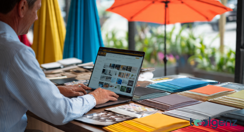 A person reviews a digital catalog of Galtech products on a laptop while surrounded by vibrant fabric swatches.