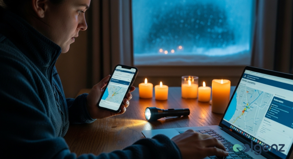 A person checks their phone and laptop in a dimly lit room, illuminated by candles and a flashlight. This suggests a power outage during a winter storm.