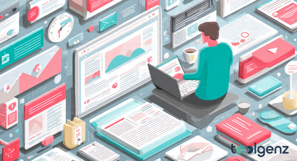 An isometric illustration of a person in a teal shirt sitting at a laptop, surrounded by a dense, floating 3D collage of digital content including social media notifications, video players, emails, news articles, and a clock.