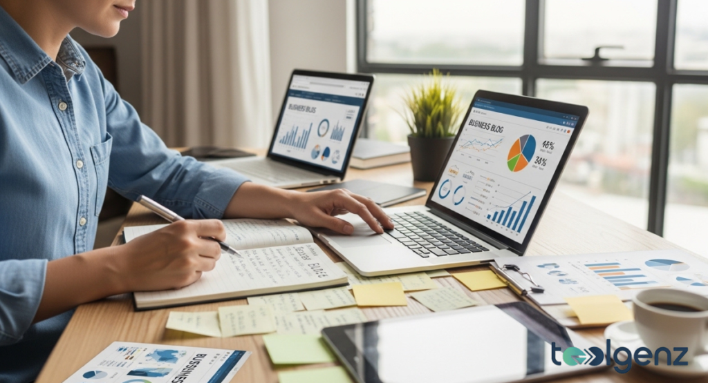 A person actively taking notes in a notebook next to a laptop displaying business charts and data. The desk is covered with several documents and sticky notes, indicating a busy workflow.