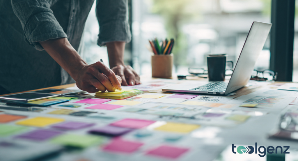 A person analyzing business growth charts while reading professional industry blogs on a tablet.