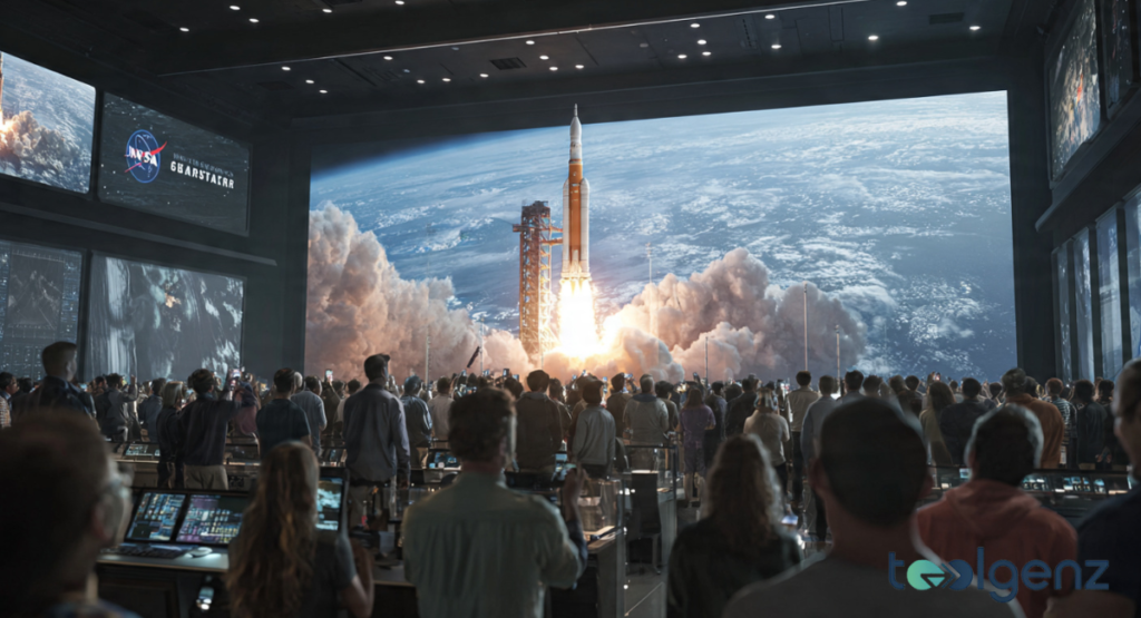 A high-resolution graphic showing a crewed spacecraft’s flight path performing a figure-eight loop from Earth, around the far side of the Moon, and back.