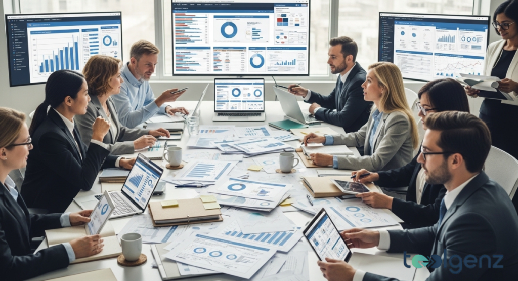 A diverse team of professionals analyzing data on multiple screens in a modern office. They are reviewing charts and graphs displayed on laptops and large monitors.