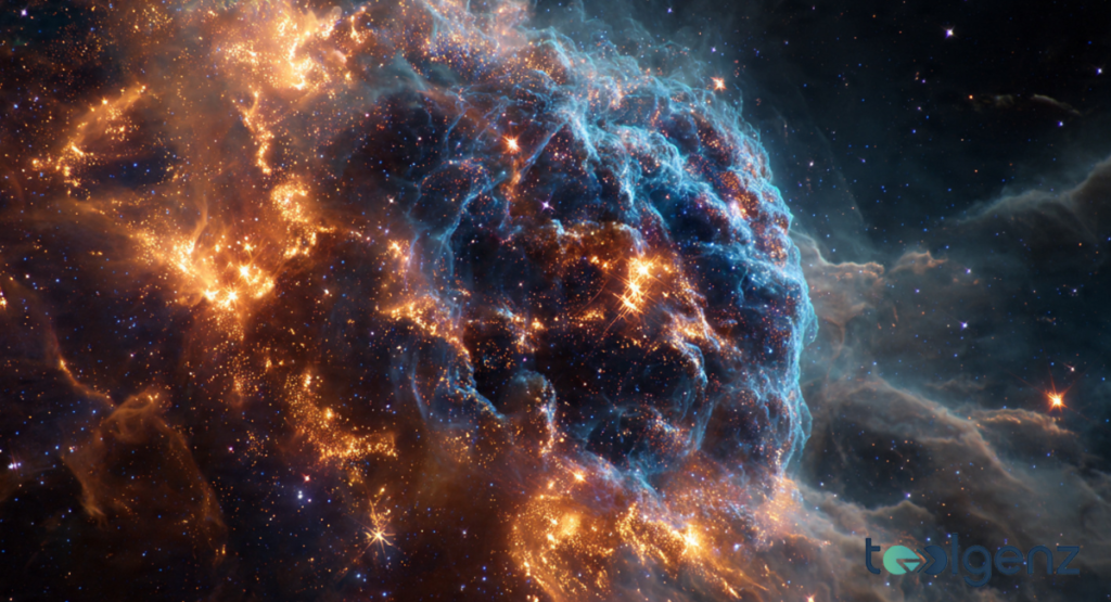 A dense, spherical cluster of glowing blue gas and golden sparks suspended against the dark backdrop of deep space. Intense clusters of stars glitter like embers within the billowing, translucent blue folds of the nebula's outer shell.