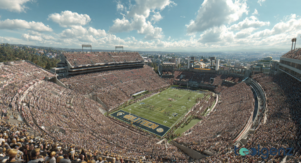 A high-angle, wide-shot photograph of a packed college football stadium during a sunny day, with thousands of fans wearing team colors and a green field marked with yard lines.