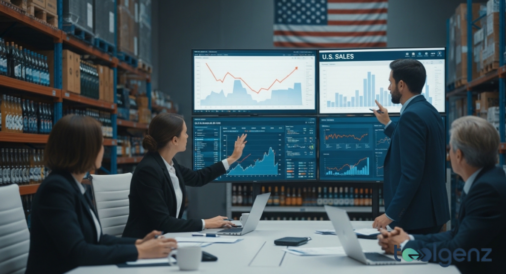 Corporate team in a warehouse-style office analyzing complex data visualizations on a multi-screen display. A large American flag hangs in the background to emphasize domestic market focus.