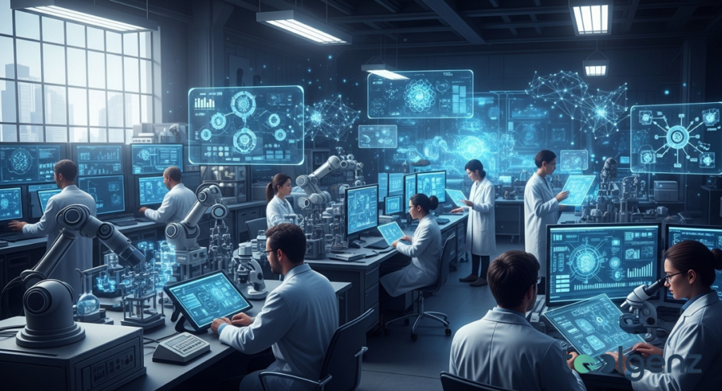 Scientists in white lab coats work in a futuristic laboratory filled with holographic AI models and robotic arms. The environment symbolizes the cutting-edge of European artificial intelligence research.
