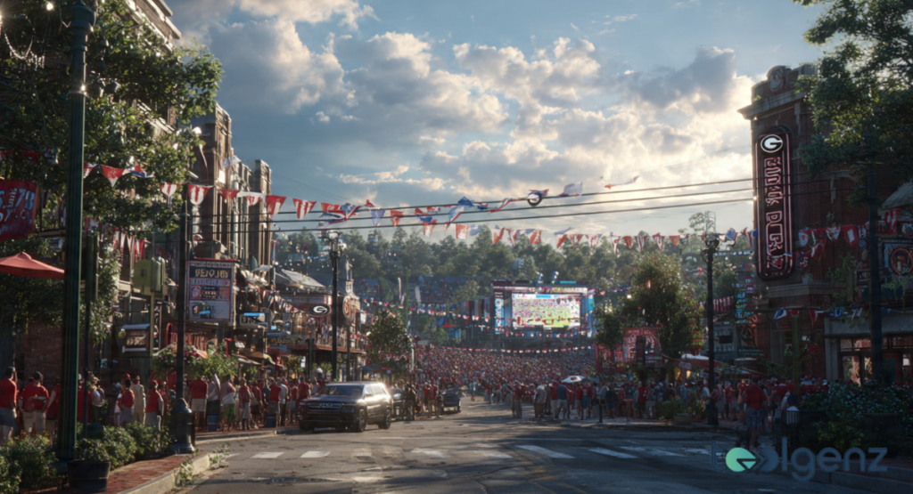 A split-screen graphic showing the UGA Georgia Tech rivalry logos—the "G" of the Bulldogs and the "GT" of the Yellow Jackets—facing each other over a map of the state.