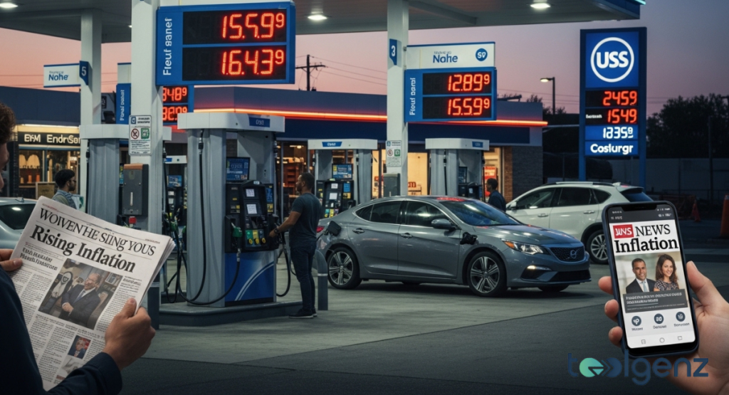 A person refuels a car at a gas station with high fuel prices displayed on the pumps, while another person reads a newspaper about "Rising Inflation." A smartphone in the foreground displays "NEWS INFLATION," connecting gas prices to broader consumer inflation concerns.