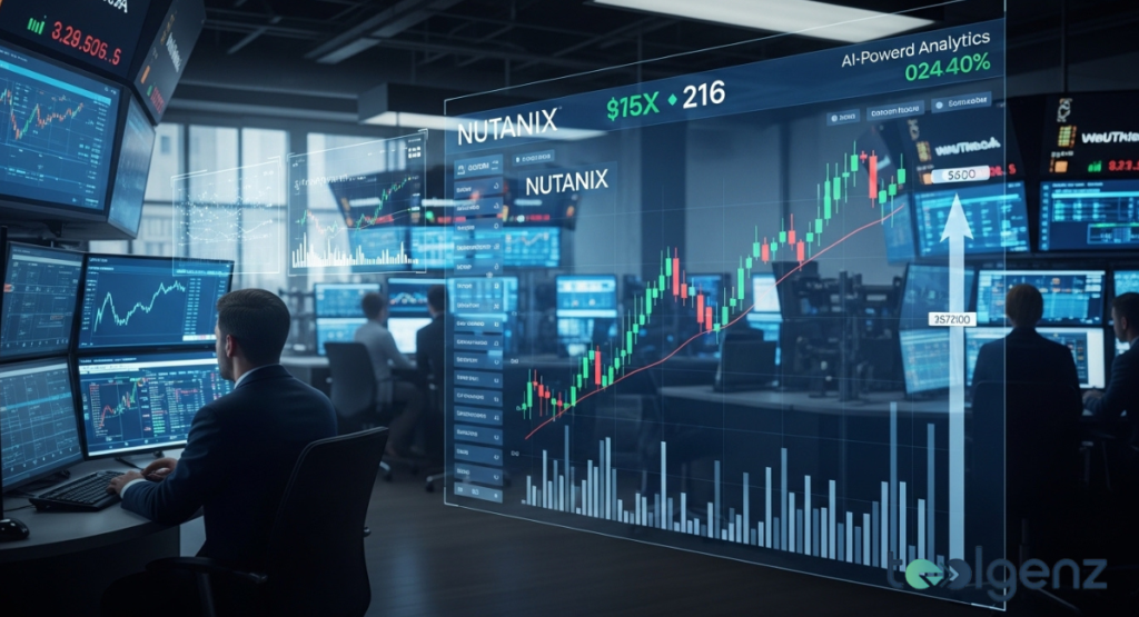A busy trading floor with a large, transparent overlay displaying Nutanix stock performance and AI-powered analytics. The dynamic financial charts indicate market trends and real-time data, showcasing the impact on stock prices.