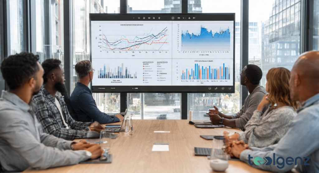 A diverse team of professionals in a boardroom looking at a large screen displaying complex growth charts and data.