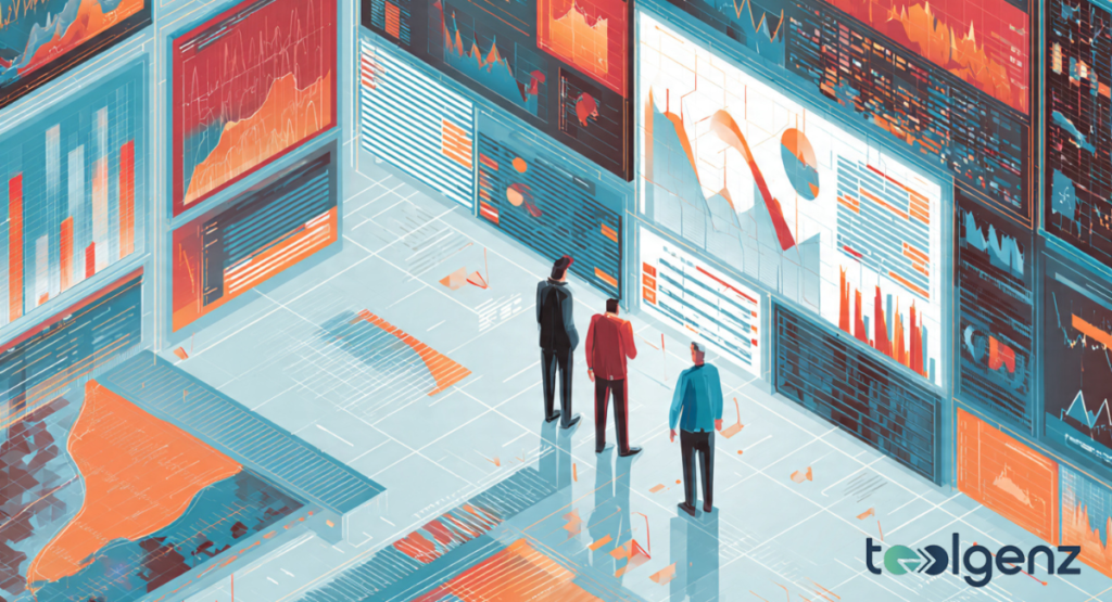 An isometric illustration showing three professional figures standing in a bright, futuristic room, observing tall walls covered in various colorful data charts and analytical maps.
