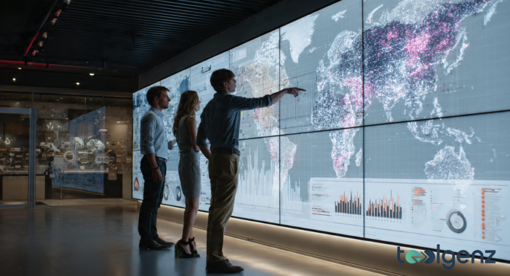 Three professionals stand in a dimly lit room, pointing at a giant glowing world map on a wall. The map features pink heat signatures over specific geographic regions.